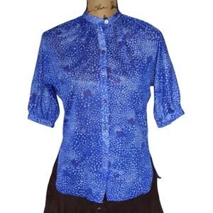 Vintage Blue White Floral Sheer Button Up Short Sleeve Blouse Women's Small